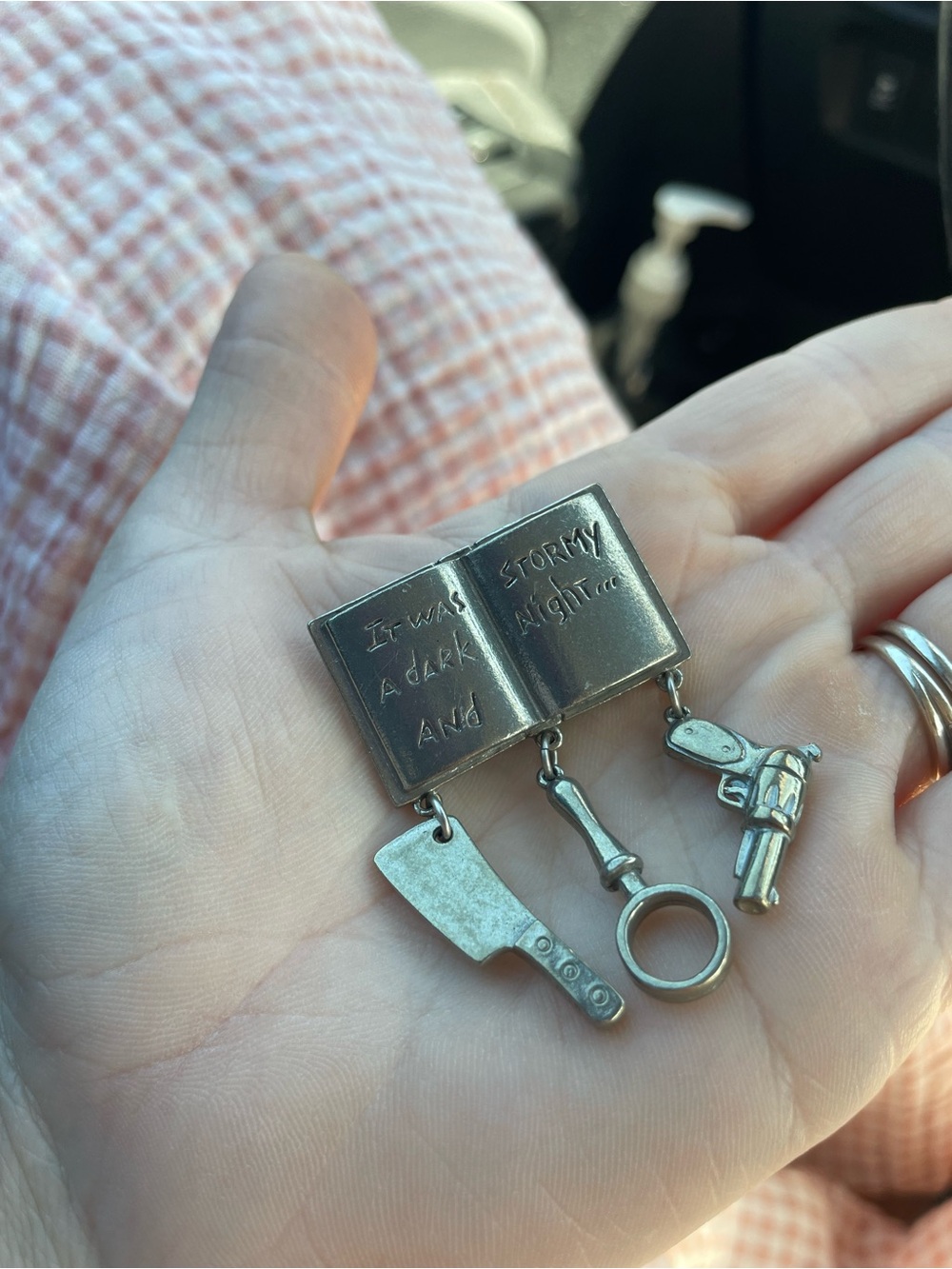 Metal Book Charm brooch with Miniature Tools - silver toned Halloween